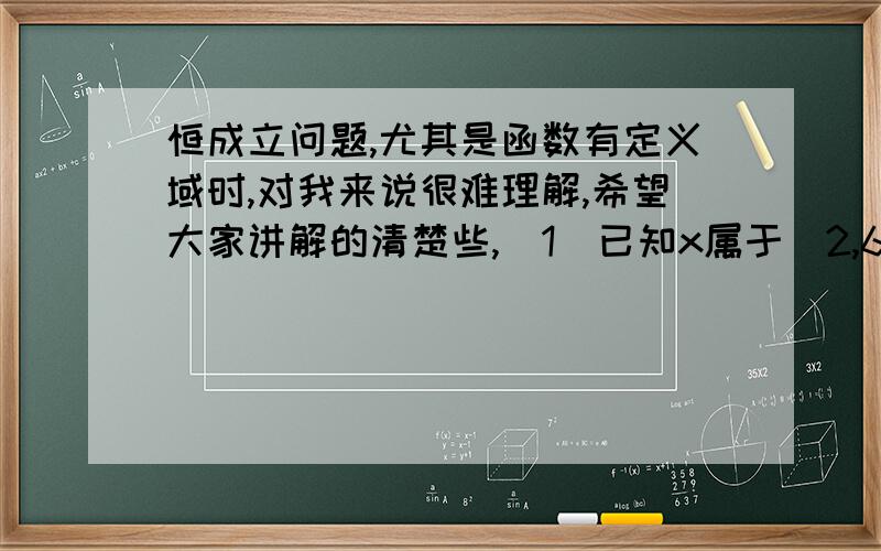 恒成立问题,尤其是函数有定义域时,对我来说很难理解,希望大家讲解的清楚些,(1)已知x属于(2,6)时,f(x)=lg(-x^2+kx-12)有意义,求K的范围?此题怎做?x属于(2,6),-x^2+kx-12>0恒成立的充要条件是啥?请做一