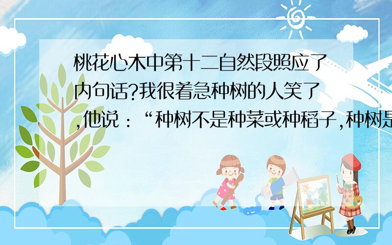 桃花心木中第十二自然段照应了内句话?我很着急种树的人笑了,他说：“种树不是种菜或种稻子,种树是百年的基业,不像青菜几个星期就可以收成.所以,树木自己要学会在土里找水源.我浇水只