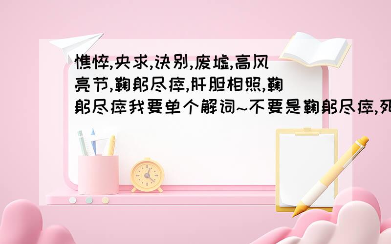 憔悴,央求,诀别,废墟,高风亮节,鞠躬尽瘁,肝胆相照,鞠躬尽瘁我要单个解词~不要是鞠躬尽瘁,死而后已~所有词我都要解词造句~