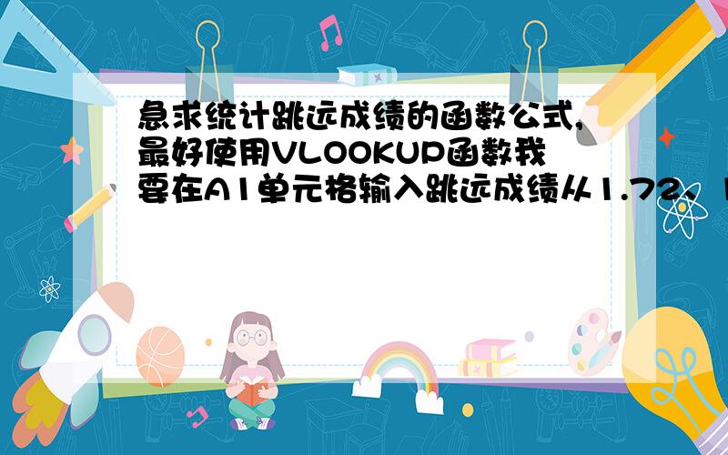 急求统计跳远成绩的函数公式,最好使用VLOOKUP函数我要在A1单元格输入跳远成绩从1.72、1.73到2.5米,共22个档次.在B1单元格自动显示与A1相对应的成绩0-100,1.72及以下为0分,2.5及以上为100分,那位高