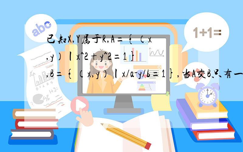 已知X,Y属于R,A={（x,y）丨x^2+y^2=1},B={（x,y）丨x/a-y/b=1},当A交B只有一个元素时,a,b的关系答案是a^2+b^2=a^2b^2过程你们知道么？