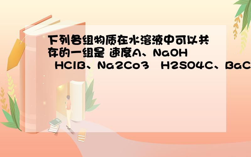 下列各组物质在水溶液中可以共存的一组是 速度A、NaOH  HClB、Na2Co3   H2SO4C、BaCl2  CuSO4D、NaNO3  ZnCl2速度··