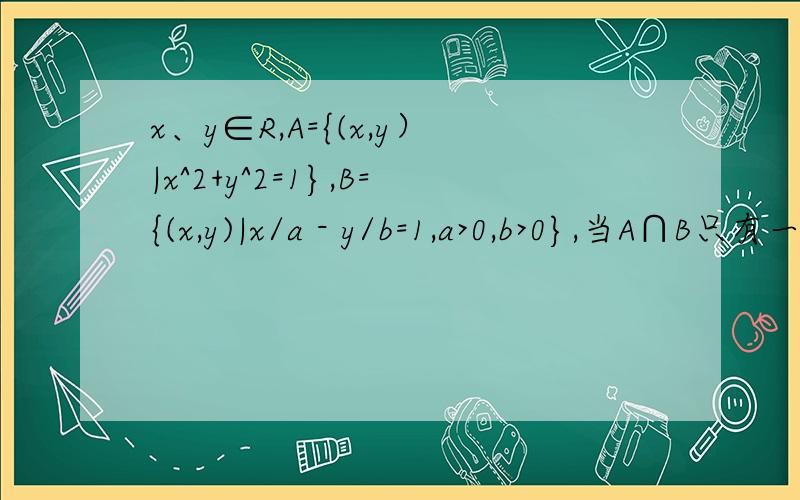 x、y∈R,A={(x,y）|x^2+y^2=1},B={(x,y)|x/a - y/b=1,a>0,b>0},当A∩B只有一个元素时,a、b的关系式是()