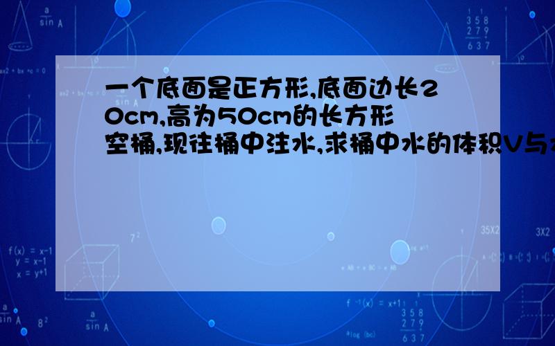 一个底面是正方形,底面边长20cm,高为50cm的长方形空桶,现往桶中注水,求桶中水的体积V与水面高度x的函数解析式,并写出其定义域