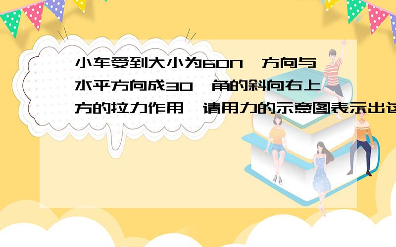 小车受到大小为60N、方向与水平方向成30°角的斜向右上方的拉力作用,请用力的示意图表示出这个拉力.（作用点在A点）这是图