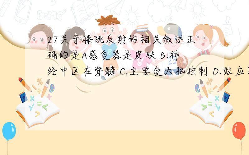 27关于膝跳反射的相关叙述正确的是A感受器是皮肤 B.神经中区在脊髓 C,主要受大脑控制 D.效应器是小腿的肌