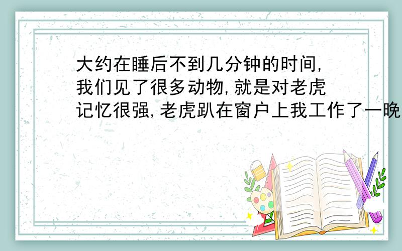 大约在睡后不到几分钟的时间,我们见了很多动物,就是对老虎记忆很强,老虎趴在窗户上我工作了一晚上,早上韩国时间八点多睡觉,我害怕试图扔东西把他赶走,可没成功,一会老虎爬了上来,当