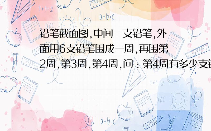 铅笔截面图,中间一支铅笔,外面用6支铅笔围成一周,再围第2周,第3周,第4周,问：第4周有多少支铅笔哪位大哥大姐帮帮小弟吧