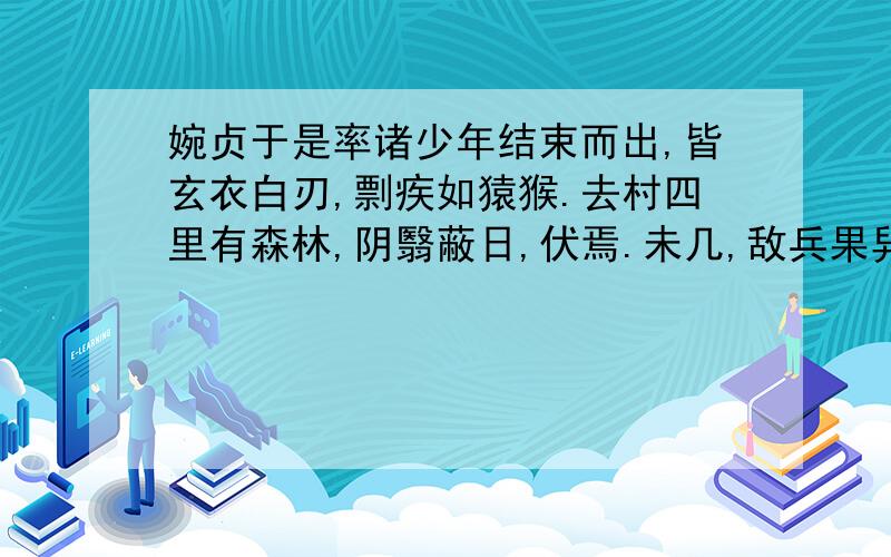 婉贞于是率诸少年结束而出,皆玄衣白刃,剽疾如猿猴.去村四里有森林,阴翳蔽日,伏焉.未几,敌兵果舁炮至