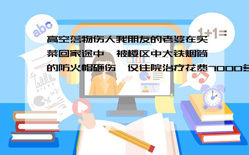 高空落物伤人我朋友的老婆在买菜回家途中,被楼区中大铁烟筒的防火帽砸伤,仅住院治疗花费7000多元,住院10天,请问应向谁进行索赔,都应索赔哪些损失,还有补偿 每项费用该是多少,怎么计算