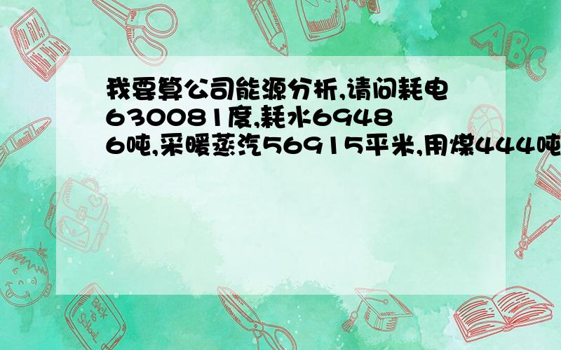 我要算公司能源分析,请问耗电630081度,耗水69486吨,采暖蒸汽56915平米,用煤444吨,分别为多少吨标煤.