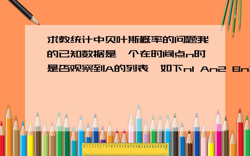 求教统计中贝叶斯概率的问题我的已知数据是一个在时间点n时是否观察到A的列表,如下n1 An2 Bn3 Cn4 An5 A.nn A1,可以根据这个数据库求得,在时间点n4下观察到A的概率P1,以及前面出现C时观察到A的