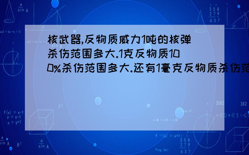 核武器,反物质威力1吨的核弹杀伤范围多大.1克反物质100%杀伤范围多大.还有1毫克反物质杀伤范围有多大.1克的反物质大概多少钱