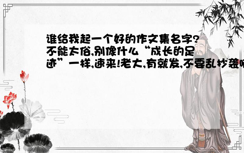 谁给我起一个好的作文集名字?不能太俗,别像什么“成长的足迹”一样,速来!老大,有就发,不要乱抄袭啊