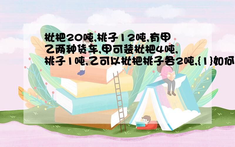 枇杷20吨,桃子12吨,有甲乙两种货车,甲可装枇杷4吨,桃子1吨,乙可以枇杷桃子各2吨,{1}如何安排甲,乙