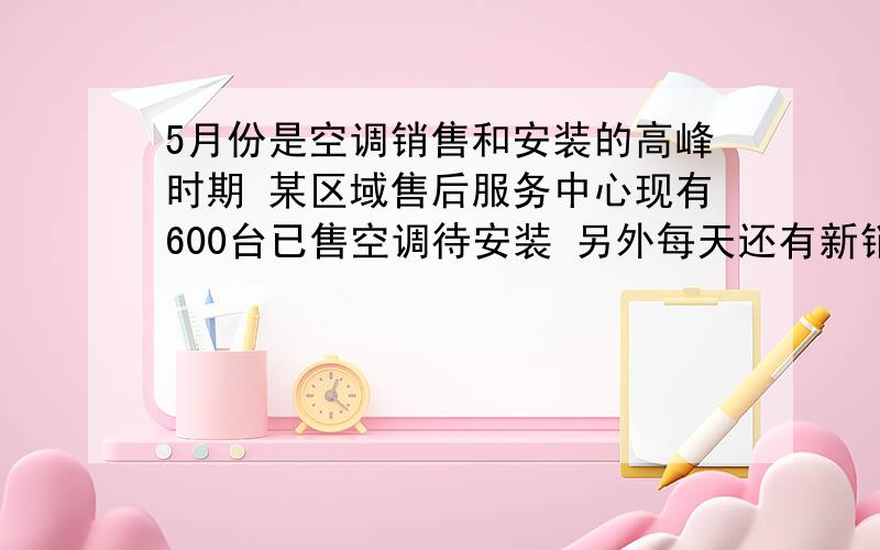 5月份是空调销售和安装的高峰时期 某区域售后服务中心现有600台已售空调待安装 另外每天还有新销售的空调需要安装 设每天新销售的空调数相同 每个空调安装的组每天安装的空调数也相