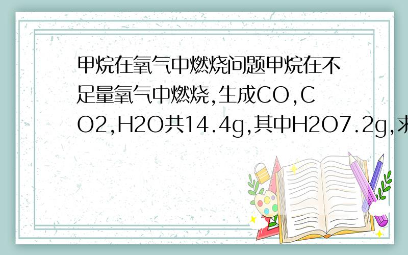 甲烷在氧气中燃烧问题甲烷在不足量氧气中燃烧,生成CO,CO2,H2O共14.4g,其中H2O7.2g,求CO的质量