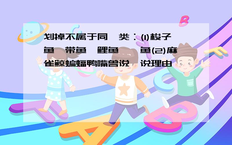 划掉不属于同一类：(1)梭子鱼、带鱼、鲤鱼、鲨鱼(2)麻雀鲸蝙蝠鸭嘴兽说一说理由