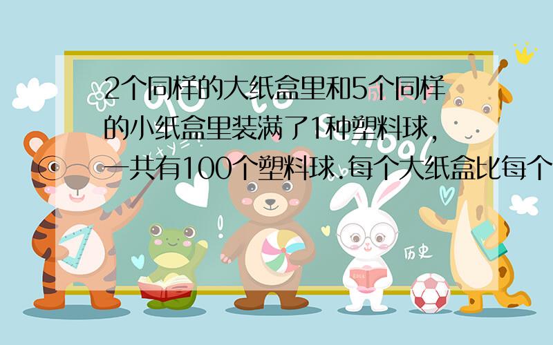 2个同样的大纸盒里和5个同样的小纸盒里装满了1种塑料球,一共有100个塑料球.每个大纸盒比每个小纸盒多装8个塑料球,每个大纸盒里装了多少塑料球,每个小纸盒呢