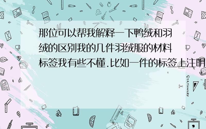 那位可以帮我解释一下鸭绒和羽绒的区别我的几件羽绒服的材料标签我有些不懂.比如一件的标签上注明：90%鸭绒,10%羽绒.另一件是：填充物90%羽绒.那位内行能告诉我,该怎么理解.