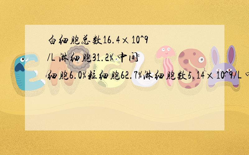 白细胞总数16.4×10^9/L 淋细胞31.2% 中间细胞6.0%粒细胞62.7%淋细胞数5.14×10^9/L 中间细胞数0.99×10^9/L粒细胞10.3×10^9/L红细胞总数5.52×10^12/L,医生说有炎证,请问以上数据看起来严重不?