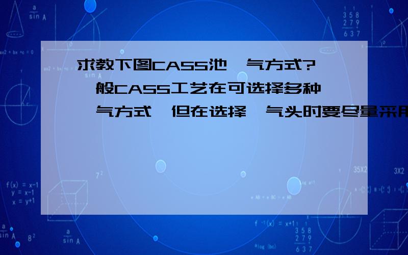 求教下图CASS池曝气方式?一般CASS工艺在可选择多种曝气方式,但在选择曝气头时要尽量采用不堵塞的曝气形式,如穿孔管、水下曝气机、伞式曝气器、螺旋曝气器等.而我们厂的曝气形式不是传