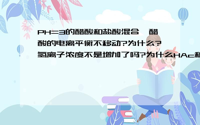 PH=3的醋酸和盐酸混合,醋酸的电离平衡不移动?为什么?氢离子浓度不是增加了吗?为什么HAc和Ac-的浓度都稀释了1倍?