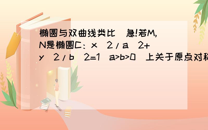 椭圆与双曲线类比（急!若M,N是椭圆C：x^2/a^2+y^2/b^2=1(a>b>0)上关于原点对称的两个点,点P是椭圆上任意一点,当直线PM,PN的斜率都存在时,K(pm)*K（pn）是与点P位置无关的定值.试对双曲线x^2/a^2+y^2/b^2