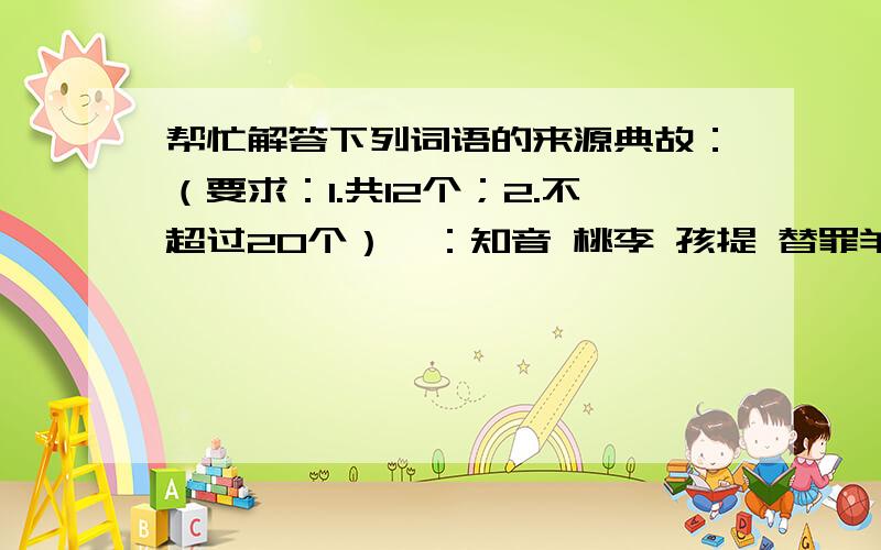 帮忙解答下列词语的来源典故：（要求：1.共12个；2.不超过20个）一：知音 桃李 孩提 替罪羊 三不知 铜臭二：问津 点睛 斗胆 狼藉 斟酌 杜撰