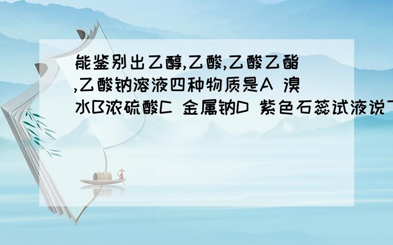 能鉴别出乙醇,乙酸,乙酸乙酯,乙酸钠溶液四种物质是A 溴水B浓硫酸C 金属钠D 紫色石蕊试液说下为什么