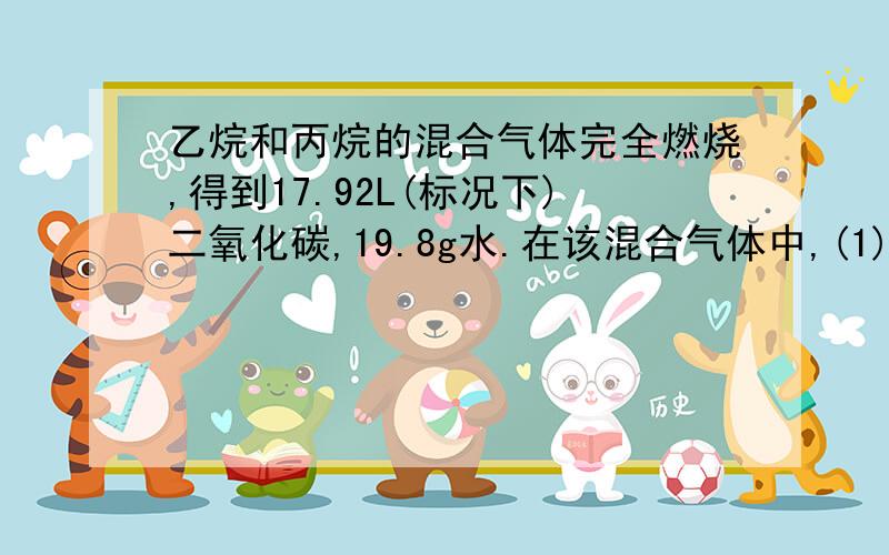 乙烷和丙烷的混合气体完全燃烧,得到17.92L(标况下)二氧化碳,19.8g水.在该混合气体中,(1)乙烷和丙烷的物质的量之比为（）?(2)乙烷和丙烷的质量之比为（）?(3)乙烷和丙烷的密度（相同条件下）