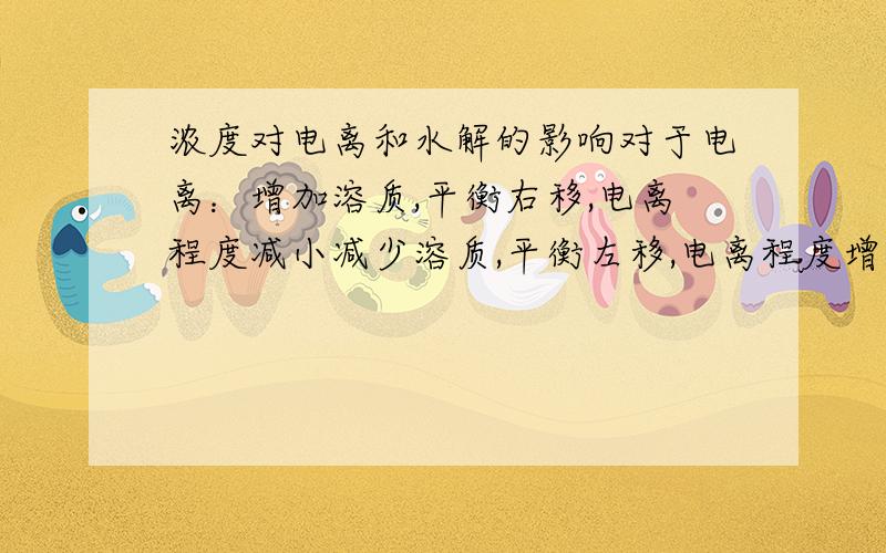 浓度对电离和水解的影响对于电离：增加溶质,平衡右移,电离程度减小减少溶质,平衡左移,电离程度增大加水稀释,平衡右移,电离程度增大上面说的对不对,为什么,能用形象的语言帮我解释一