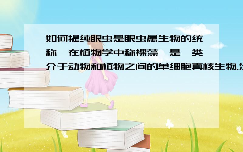 如何提纯眼虫是眼虫属生物的统称,在植物学中称裸藻,是一类介于动物和植物之间的单细胞真核生物.淡水中习见的眼虫有：绿眼虫（Euglena viridis）,体纺锤形,前端钝圆,后端宽,末端尖呈尾状.