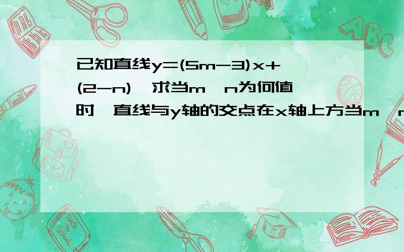 已知直线y=(5m-3)x+(2-n),求当m,n为何值时,直线与y轴的交点在x轴上方当m,n为何值时,直线经过第一.三.四象限当m,n为何值时,直线平行与函数y=2x的图像