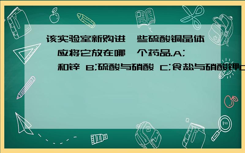 该实验室新购进一些硫酸铜晶体,应将它放在哪一个药品.A;镁和锌 B;硫酸与硝酸 C;食盐与硝酸钾D;氢氧化钙与氢氧化钠