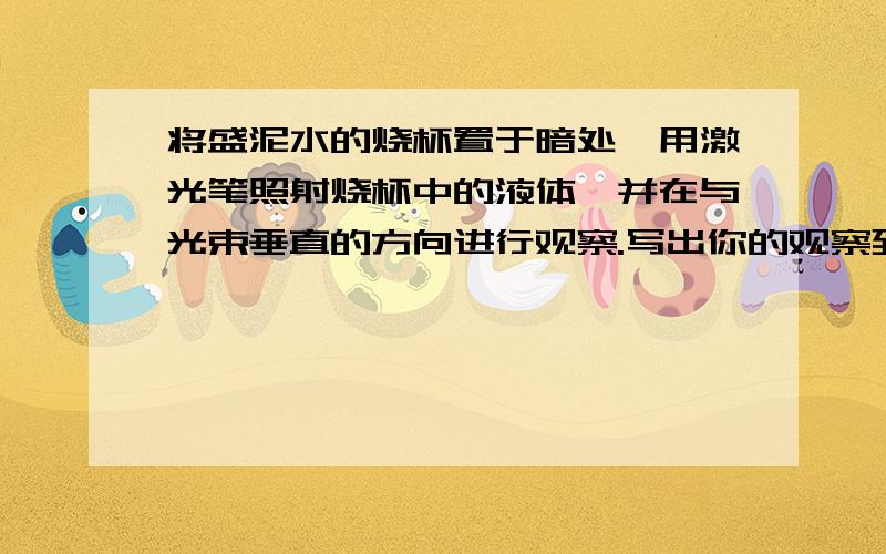 将盛泥水的烧杯置于暗处,用激光笔照射烧杯中的液体,并在与光束垂直的方向进行观察.写出你的观察到的实验现象,并说明为什么.后天就要月考了,