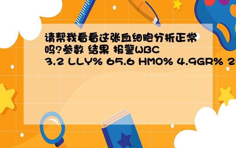 请帮我看看这张血细胞分析正常吗?参数 结果 报警WBC 3.2 LLY% 65.6 HMO% 4.9GR% 29.5 LLY# 2.1MO# 0.2GR# 0.9 LRBC 3.88HGB 86 LHCT 25.8 LMCV 66.5 LMCH 22.1 LMCHC 333RDW_CV 15.4 HRDW_SD 35.1 LPLT 173MPV 11.4 HPDW 11.5PCT 0.19