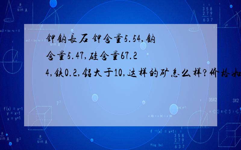 钾钠长石 钾含量5.54,钠含量5.47,硅含量67.24,铁0.2,铝大于10,这样的矿怎么样?价格如何?