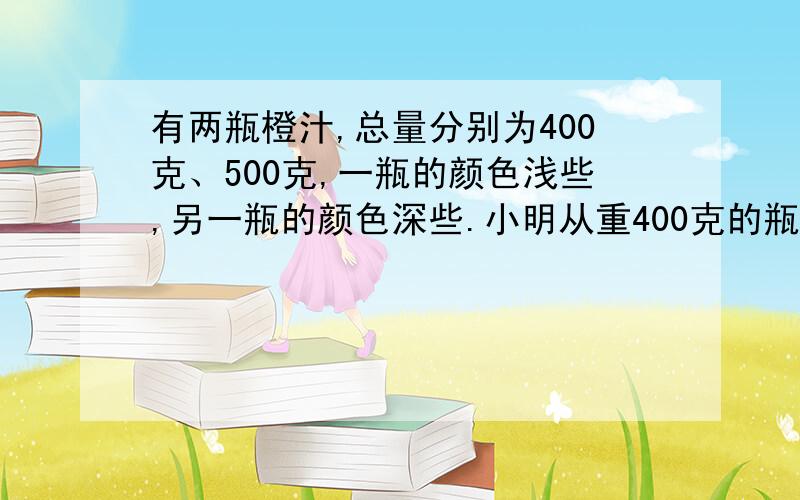 有两瓶橙汁,总量分别为400克、500克,一瓶的颜色浅些,另一瓶的颜色深些.小明从重400克的瓶中取出一些橙汁放入小杯中,再从重500克的瓶中取出等于上次从400克瓶中取出橙汁的2倍放在大杯中,然