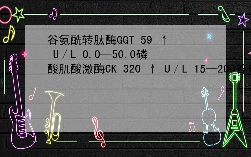 谷氨酰转肽酶GGT 59 ↑ U／L 0.0—50.0磷酸肌酸激酶CK 320 ↑ U／L 15—200谷草转氨酶AST 46 ↑ U／L 5—40谷丙转氨酶ALT 73 ↑ U／L 5—40白蛋白／球蛋白A／G 1.4 ↓ 1.5—2.5甘油三脂TG 1.89 ↑ mmol／L 0.57—1.