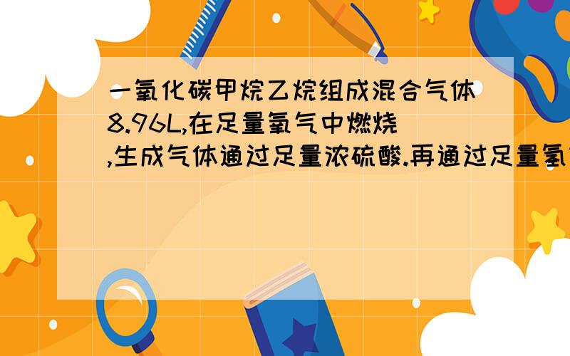 一氧化碳甲烷乙烷组成混合气体8.96L,在足量氧气中燃烧,生成气体通过足量浓硫酸.再通过足量氢氧化钠,知氢氧化钠溶液增重26.4g,原混合气体中乙烷A 0.1molB 大于或等于0.2mol,小于0.3molC 等于0.2mol