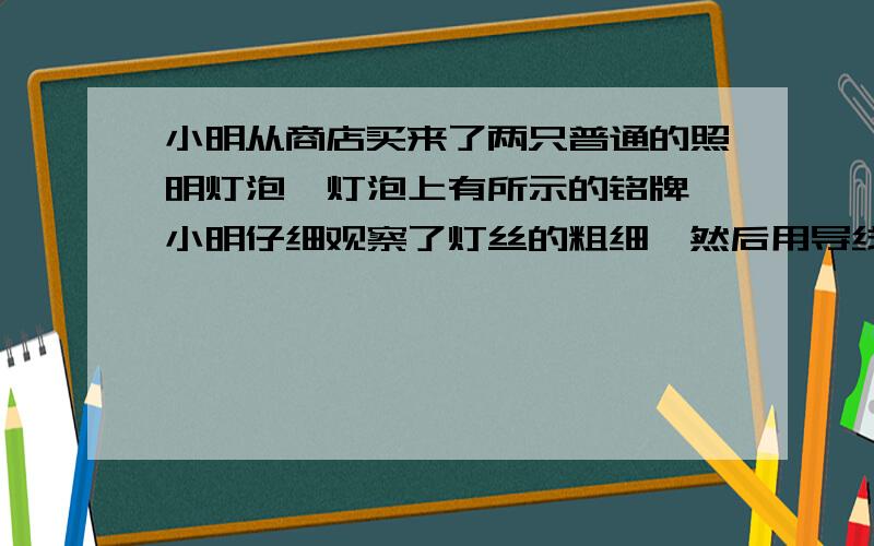 小明从商店买来了两只普通的照明灯泡,灯泡上有所示的铭牌,小明仔细观察了灯丝的粗细,然后用导线将两灯并联后接入220V的电路中进行比较试验,如果他观察到的结果是正确的,则应该是（ ）