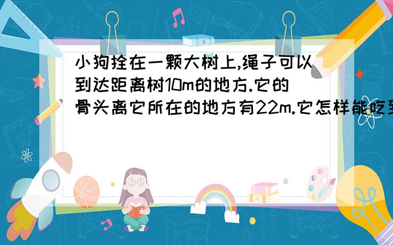 小狗拴在一颗大树上,绳子可以到达距离树10m的地方.它的骨头离它所在的地方有22m.它怎样能吃到骨头拜托