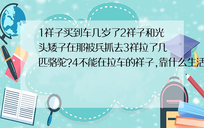 1祥子买到车几岁了2祥子和光头矮子在那被兵抓去3祥拉了几匹骆驼?4不能在拉车的祥子,靠什么生活