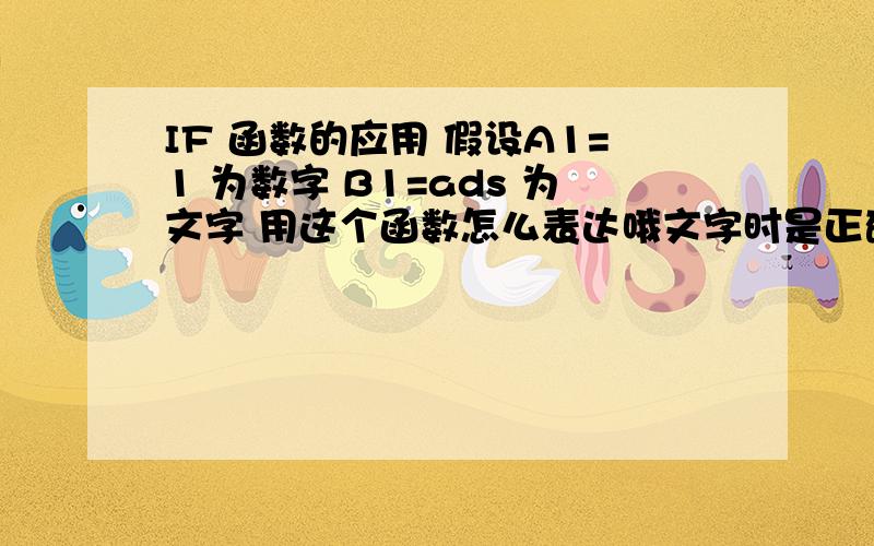 IF 函数的应用 假设A1=1 为数字 B1=ads 为文字 用这个函数怎么表达哦文字时是正确的?