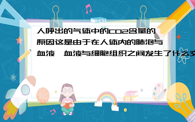 人呼出的气体中的CO2含量的原因这是由于在人体内的肺泡与血液、血液与细胞组织之间发生了什么交换?