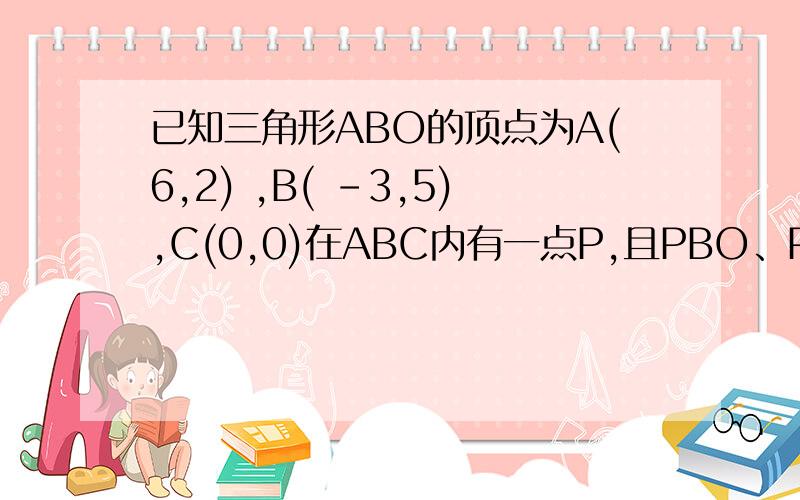 已知三角形ABO的顶点为A(6,2) ,B( -3,5),C(0,0)在ABC内有一点P,且PBO、PAO、PAB面积之比为1:2:3 求点P的坐标,请列一下解答过程.