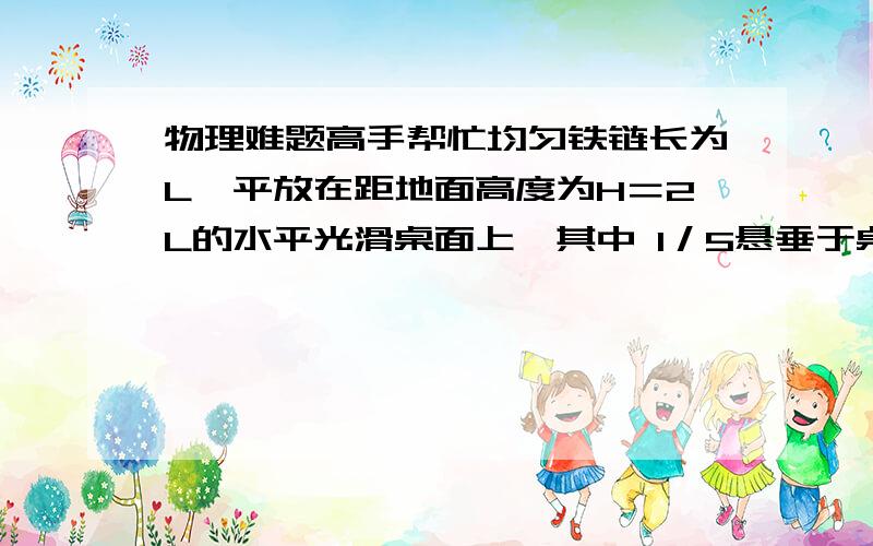 物理难题高手帮忙均匀铁链长为L,平放在距地面高度为H＝2L的水平光滑桌面上,其中 1／5悬垂于桌边,从静止开始释放,当铁链全部离开桌面时的瞬间速度为?