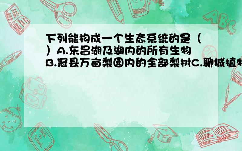 下列能构成一个生态系统的是（）A.东昌湖及湖内的所有生物B.冠县万亩梨园内的全部梨树C.聊城植物园内的所有荷花D.聊城姜堤乐园内的所有植物