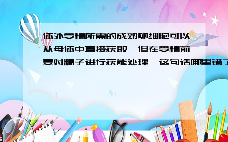 体外受精所需的成熟卵细胞可以从母体中直接获取,但在受精前要对精子进行获能处理,这句话哪里错了?